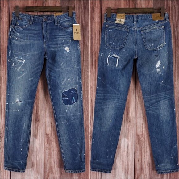 Polo Ralph Lauren Girls 14 The Astor Slim Boyfriend Jeans Rip Repair Embroidered - Picture 1 of 16